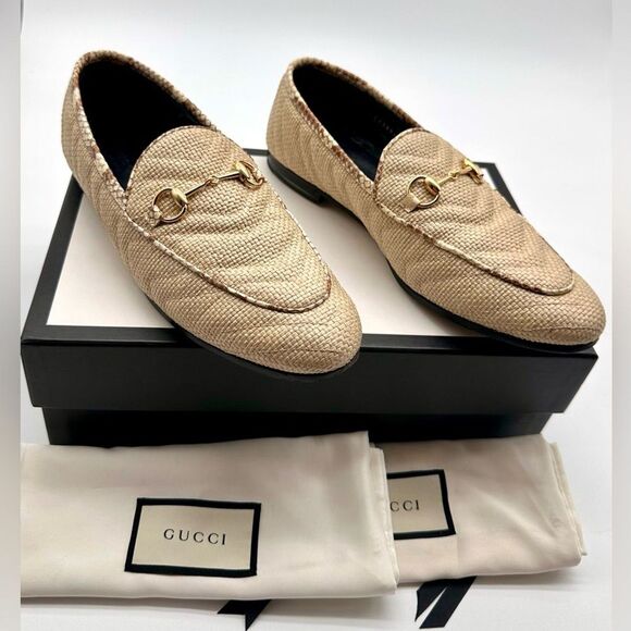 Gucci Jordaan Quilted Loafers Raffia Elaphe Straw Matelasse Horsebit EU38.5US8.5 - Picture 1 of 12